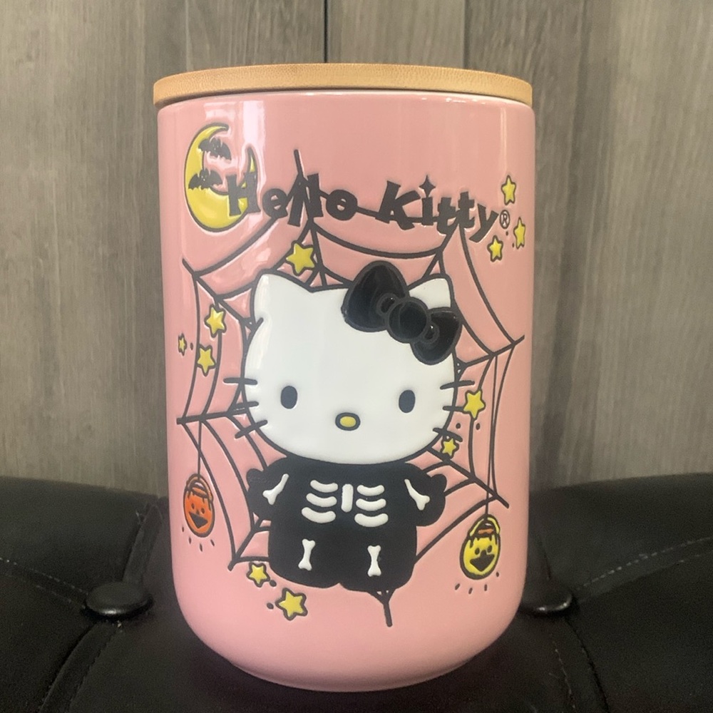 New Hello Kitty Pink Skeleton Halloween Ceramic Canister Cookie Snack Candy Jar - Picture 1 of 9